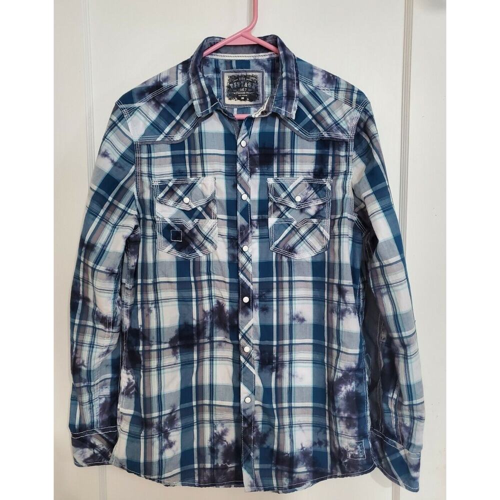 BKE Buckle Medium Distressed LS Snap Button Up Shirt Blue Plaid